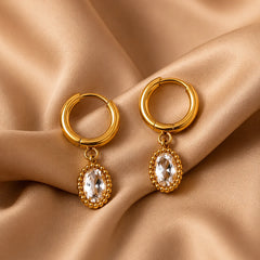 Oval Crystal Drop Hoop Earrings - 18K Gold Plated