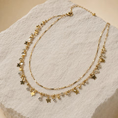 Gold tone double layer butterfly charm necklace with crystal stones for women