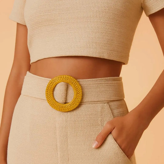 Woven Raffia Cream Circular Buckle Belt