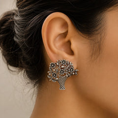 Oxidised Flower Vase Stud Earrings