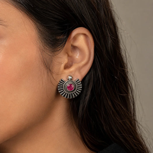 Boho oxidised silver studs with sunburst design and ruby stone