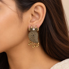 "Pair of antique gold-tone
statement earrings featuring ornate teardrop-shaped designs with floral and paisley detailing, sparkling stone accents, pointed embellishments, and dangling golden bead charms."