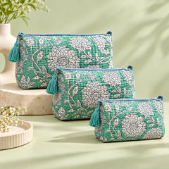"Set of three turquoise
quilted fabric pouches featuring intricate white floral and botanical prints, with coordinating tassel details and arranged in different sizes."