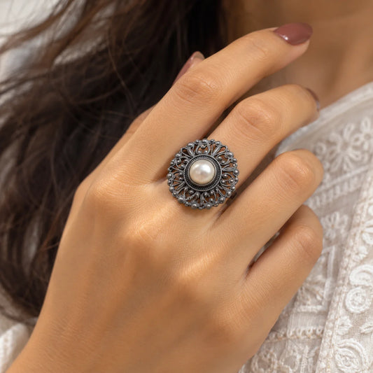 Oxidised Pearl Ring