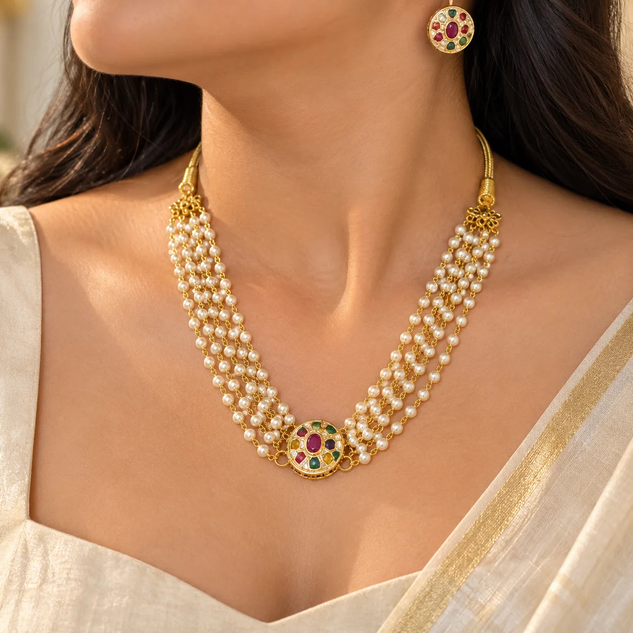 Multistrand pearl necklace set with gold-tone detailing, multicolour stone-studded motifs, and matching stud earrings.