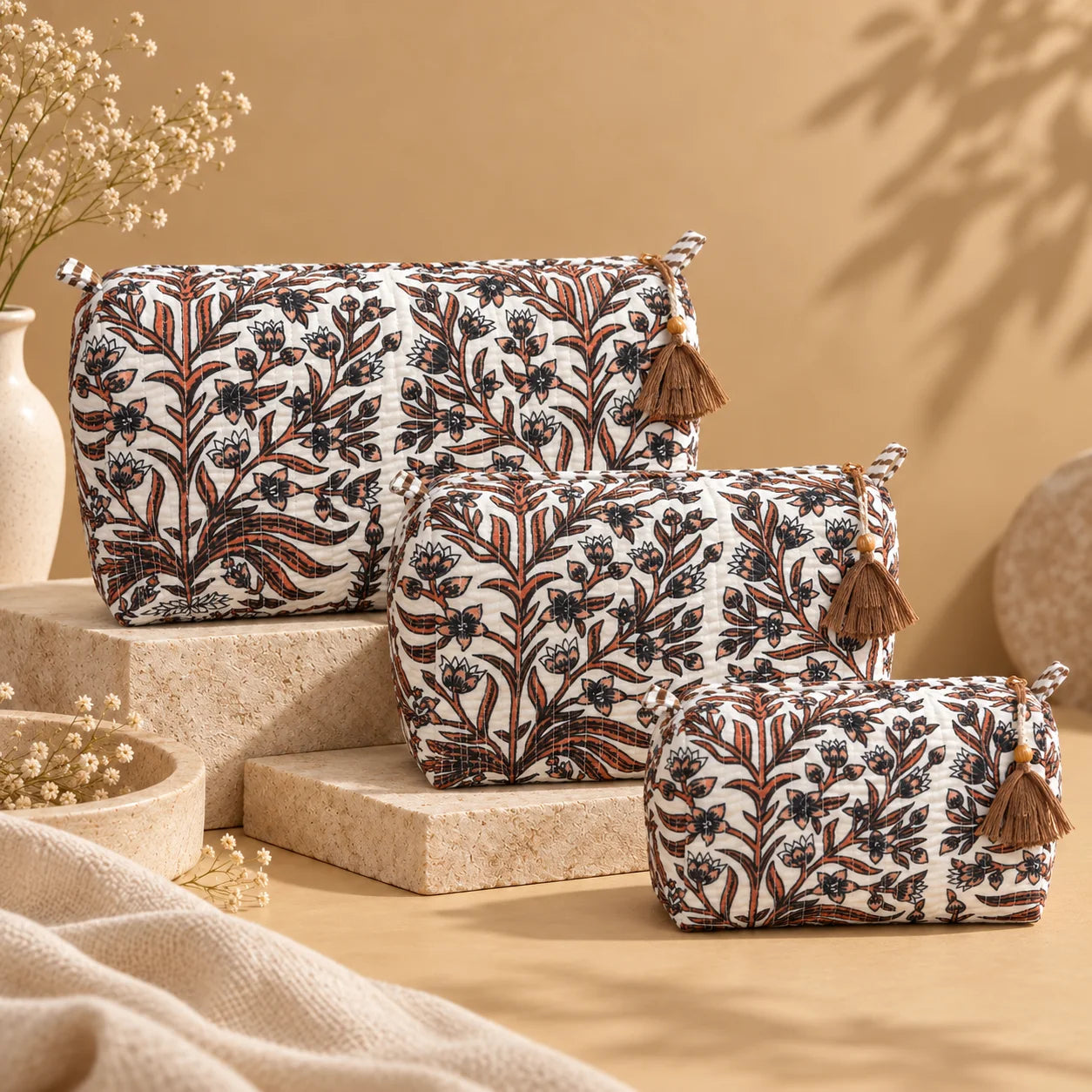 Cream fabric pouch featuring brown botanical floral prints, a brown tassel, and a zip closure.