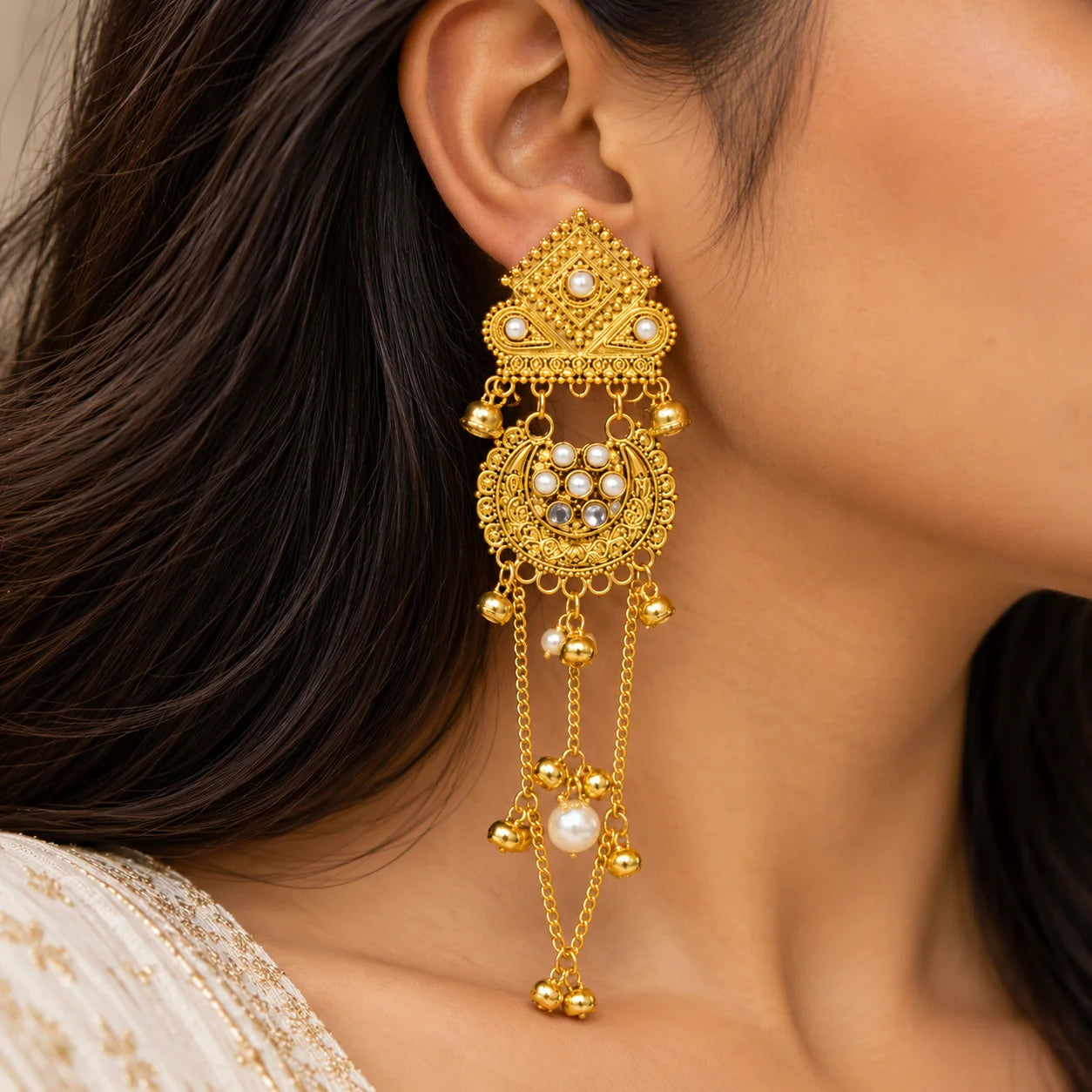 Gold-tone long chain earrings featuring intricate crescent motifs, white stone accents, dangling ghungroo bells, and pearl charms.