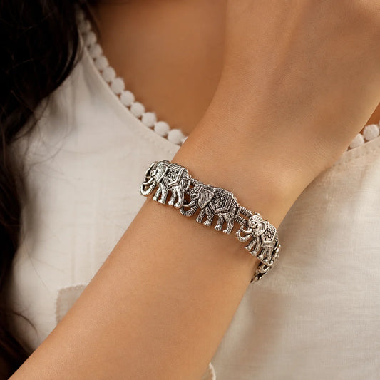 Oxidised silver elephant adjustable stretch bracelet free size for women