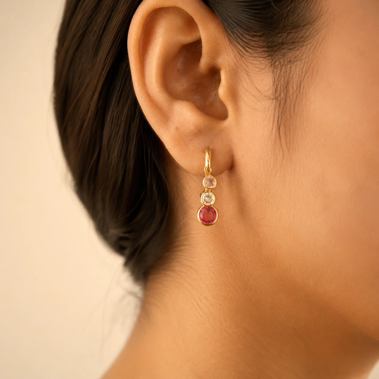 Golden crystal charm hoop earrings with red pink clear dangling drops