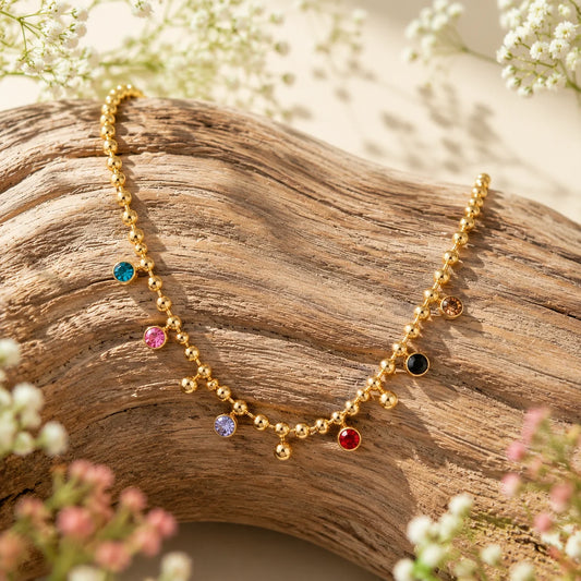 Multi Gem Stone Beaded Necklace - 18K Gold Plated