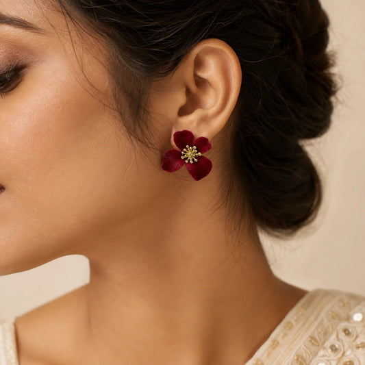 Maroon velvet petal stud earrings with textured gold metal center western