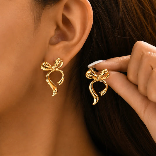 18K gold plated bow ribbon statement stud earrings with sculpted knot for women