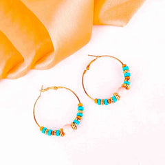 Turquoise and Peach Circular Beaded Hoop Earrings
