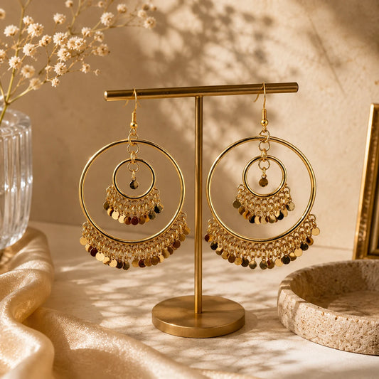 Double Hoop Gold Earrings with Coin Latkan