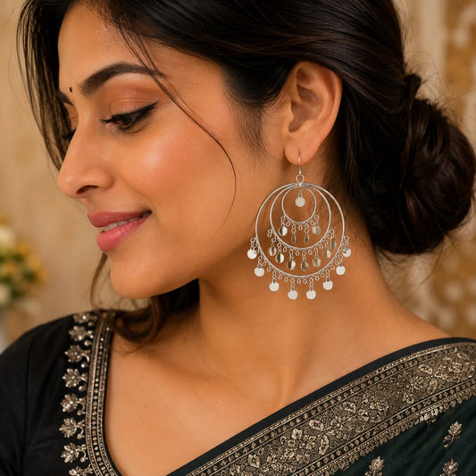 Lightweight boho silver chandelier bali earrings with multi-hoop coin tassels