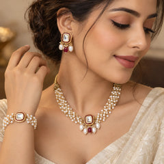 Red & Pearl Kundan Necklace & Bracelet Set