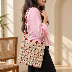 Red & White Bloom Macrame Bag