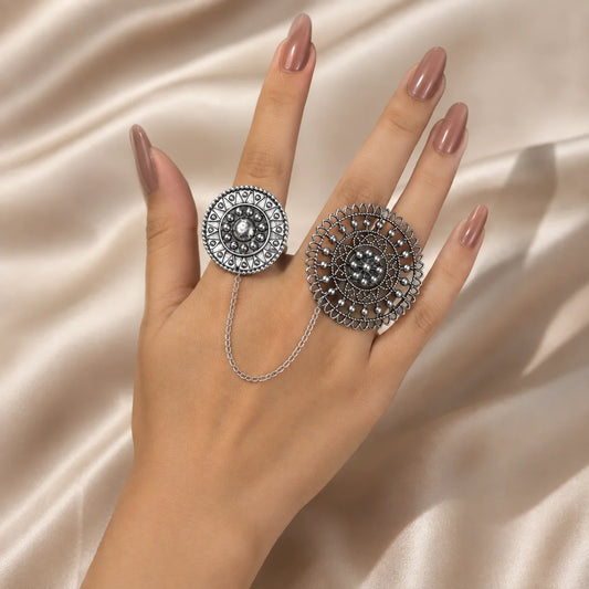 Oxidised silver joint ring with mandala and tribal discs connected by chain for women
