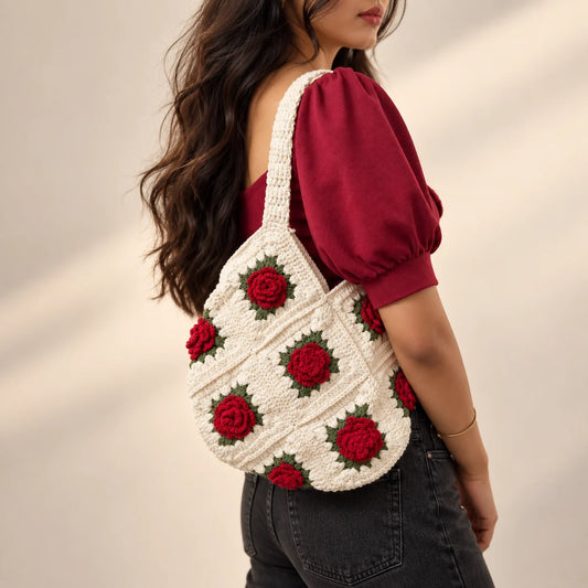 "White crochet shoulder bag
featuring textured red crochet roses with green leaf accents arranged across the bag, paired with a matching crochet handle."