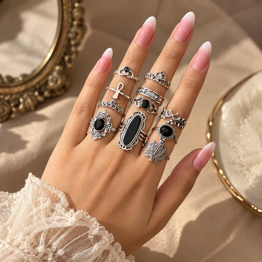 Set of 11 Silver Gothic Black Stone Ring Set