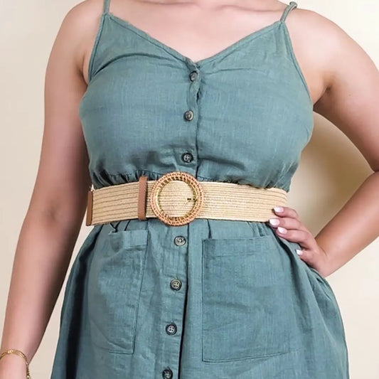 Raffia Tan Woven Round Buckle Belt