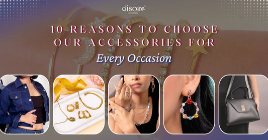 Discov Accessories collection showcasing stylish jewelry, statement earrings, denim jacket and handbag for every occasion