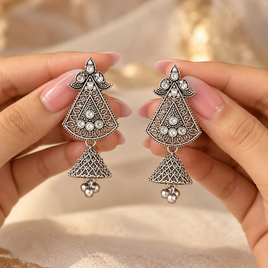 Silver Ethnic Embellished Jhumka Earrings