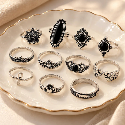 Set of 11 Silver Gothic Black Stone Ring Set