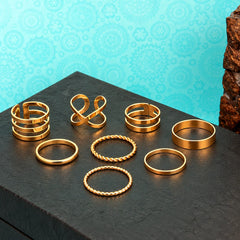 Set Of 8 Golden Geometric Rings Combo