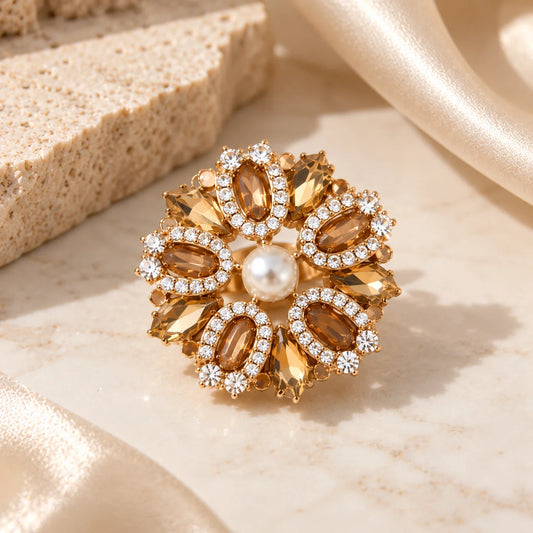 Golden Pearl Crystal Ring