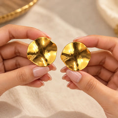Wavy Gold Disc Stud Earrings - 18K Gold Plated