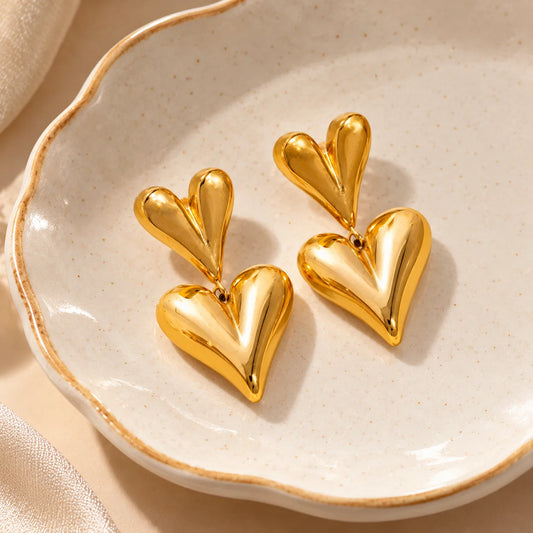 Layered Heart Drop Earrings - 18K Gold Plated