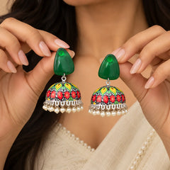 Green Stone Top Meenakari Jhumka