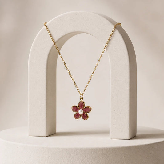 Pink Enamel Flower Pearl Pendant Necklace
