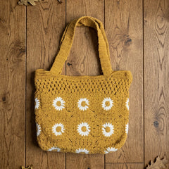 Mustard Yellow Daisy Crochet Tote Bag
