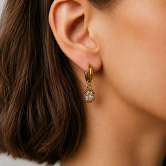 Oval Crystal Drop Hoop Earrings - 18K Gold Plated
