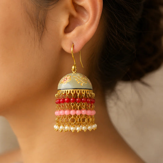 Pastel Sage Handpainted Meenakari  Dome Jhumka