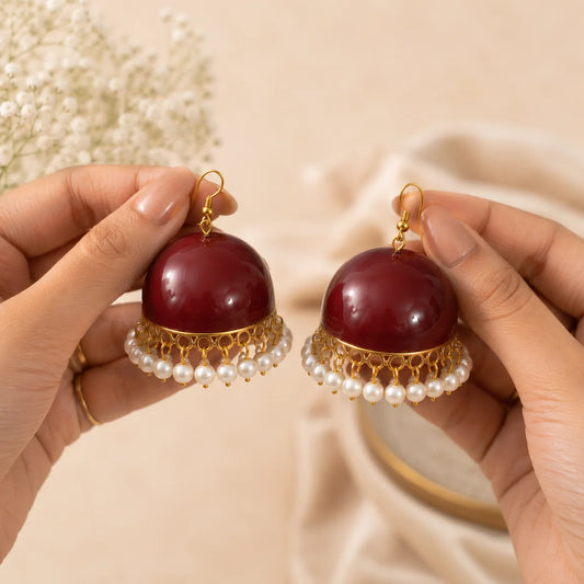 Maroon Meenakari Dome Pearl Fringe Jhumka