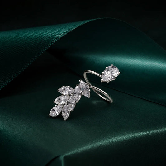 Silver Crystal Leaf Wrap Ring