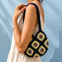 Navy Blue Sunburst Crochet Shoulder Bag