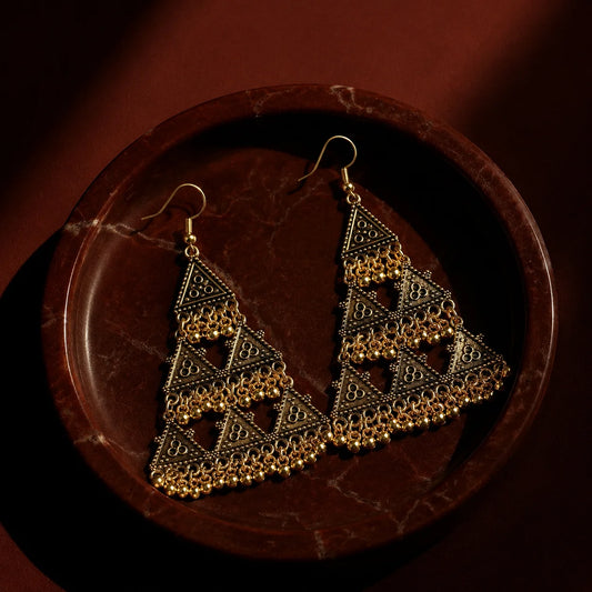 Antique Gold Triangular Ghungroo Chandelier Earrings