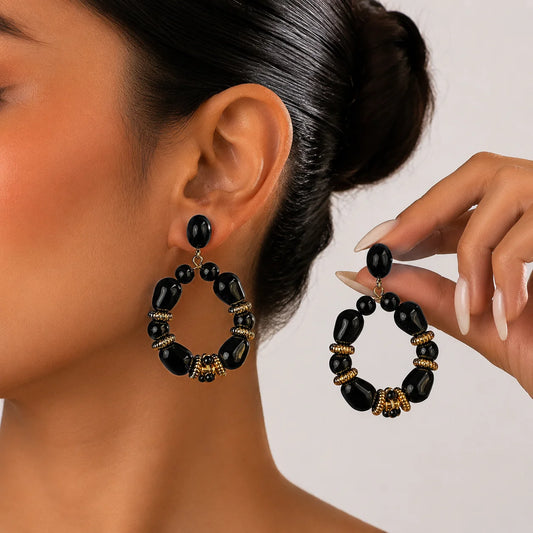 Bold Black Bead Hoop Earrings