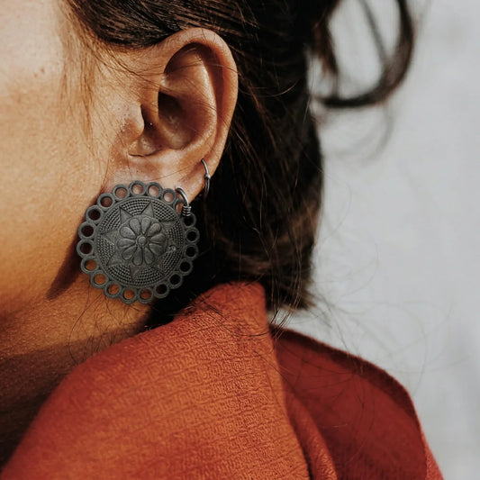 Black Oxidised Floral Mandala Stud Earrings