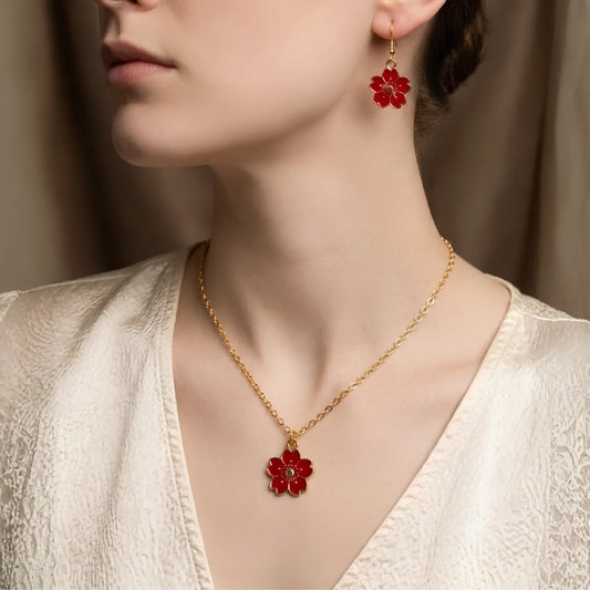 Red Flower Necklace & Earrings Set