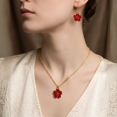 Red Flower Necklace & Earrings Set