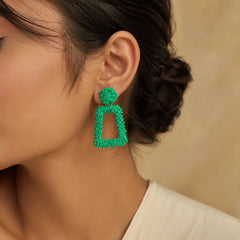 Green Textured Geometric Drop Earrings