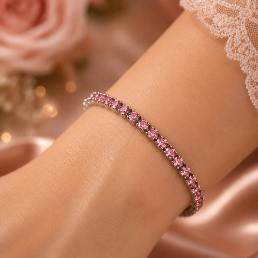 Silver Pink Stone Chain Bracelet - Silver 925