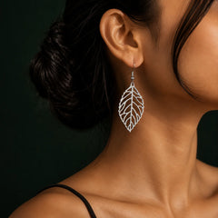 Silver Hollow Leaf Dangle  Earrings