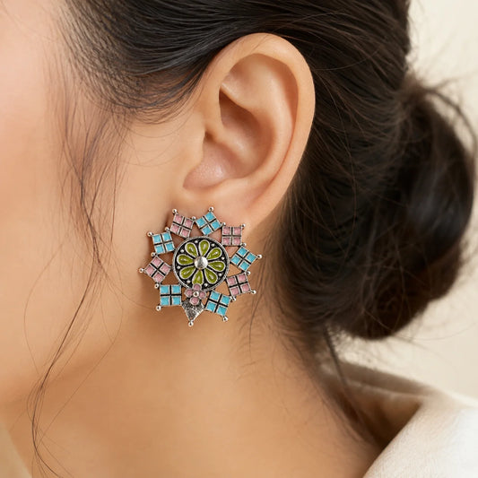 Enamel Mandala Silver-Tone Stud Earrings