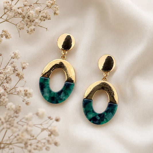 Gold Green Marble Oval Drop Earrings